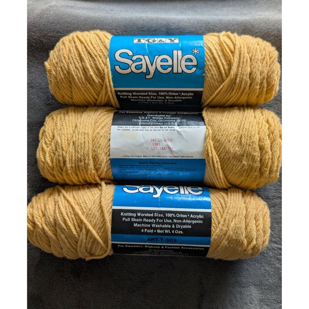 TG&Y Sayelle Acrylic Worsted Yarn Lot of 3‎ Skeins - 342 Light Gold